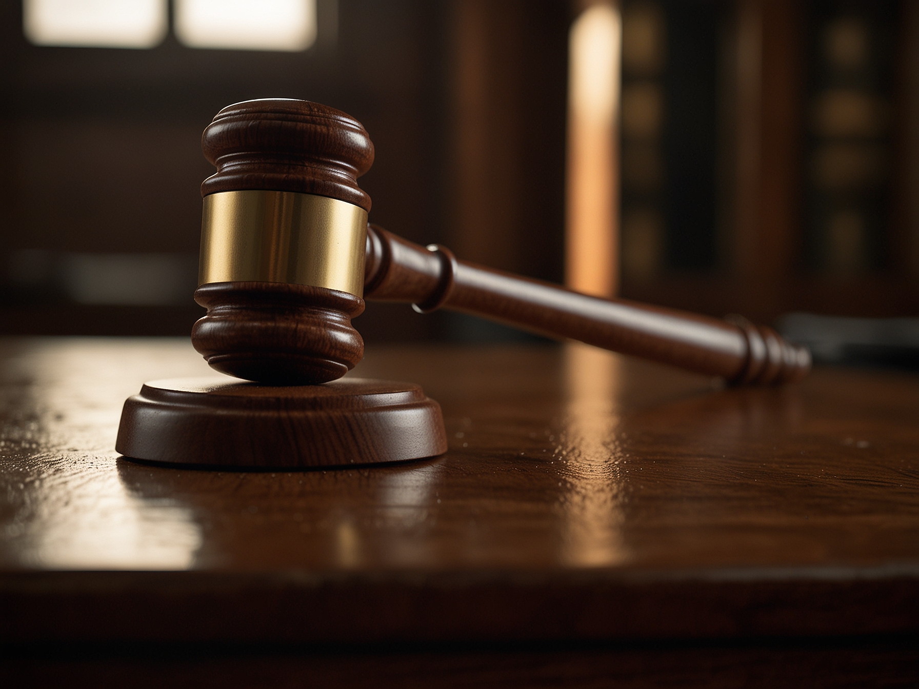 Wooden judge's gavel on polished mahogany